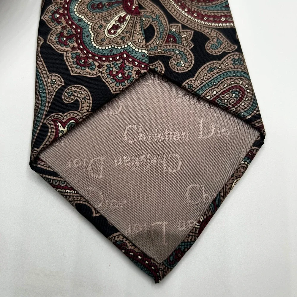 Christian Dior Monsieur Silk Tie Black Burgundy Teal Paisley Italian Fabric USA